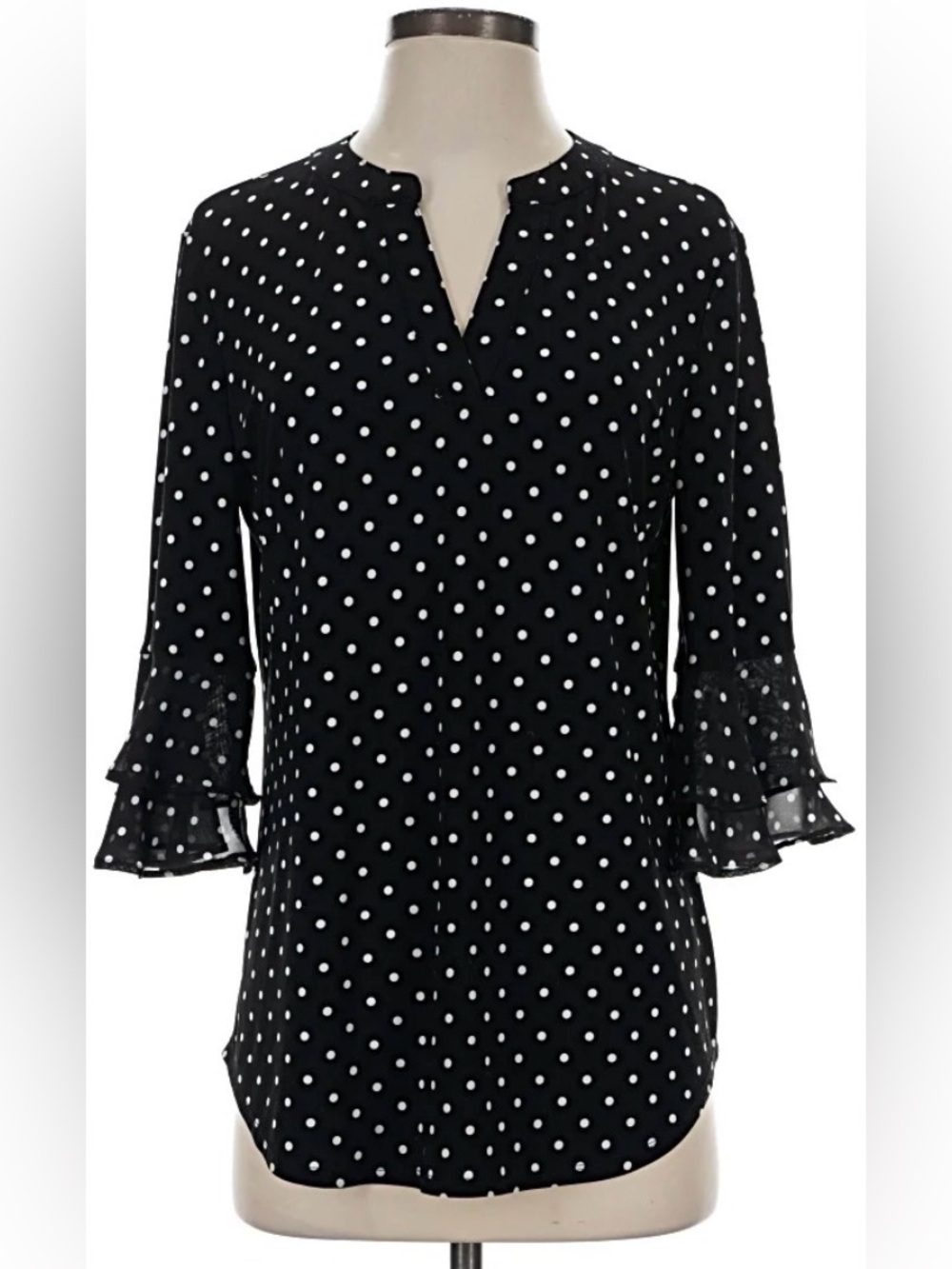Black Label by Evan Picone - Black Polka Dot Ruffle-Sleeve Tunic
